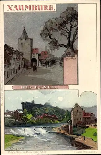 Künstler Litho Stagura, Albert, Bad Kösen Naumburg an der Saale, Marientor, Panorama, Flussufer