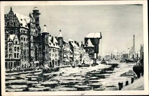 Künstler Ak Hellingrath, B., Gdańsk Danzig, Lange Brücke, Winter