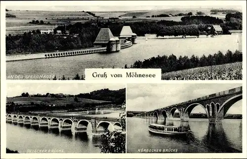 Ak Möhnesee in Westfalen, Möhnetalsperre, Sperrmauer, Delecker Brücke, Körbecker Brücke