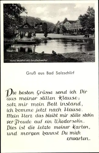 Ak Bad Salzschlirf in Hessen, Hotel Badehof, Goldfischweiher