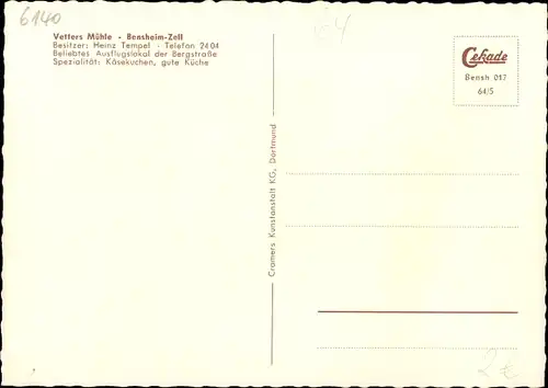 Ak Zell Bensheim an der Bergstraße Hessen, Vetters Mühle