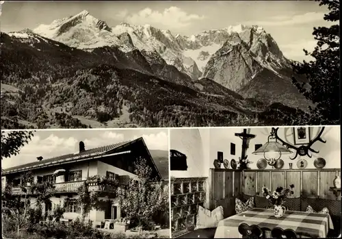 Ak Garmisch Partenkirchen in Oberbayern, Fremdenheim Josefihof, Außenansicht, Inneres, Alpenpanorama
