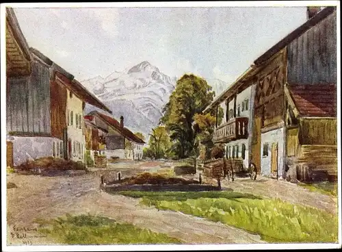 Künstler Ak Hellmann, J., Farchant Oberbayern, Dorfstraße mit Alpspitze