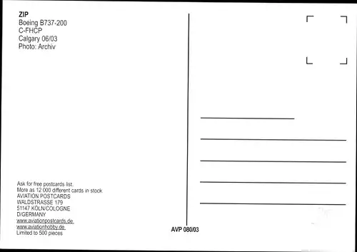 Ak Kanadisches Passagierflugzeug, ZIP Airlines, Boeing B737-200