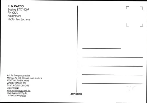 Ak Niederländisches Frachtflugzeug, KLM Cargo, Boeing B747-400F