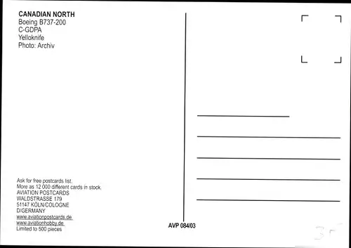 Ak Kanadisches Passagierflugzeug, Canadian North, Boeing B737-200