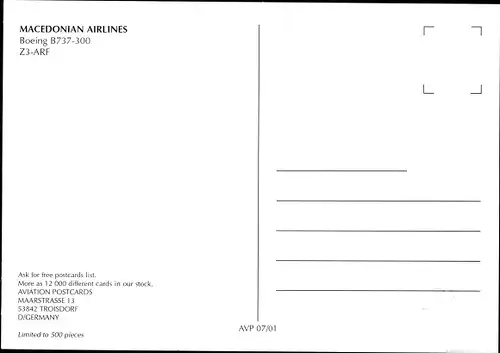 Ak Mazedonisches Passagierflugzeug, Macedonian Airlines, Boeing B737-300