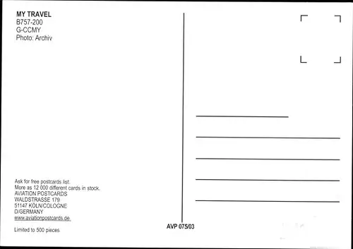 Ak Britisches Passagierflugzeug, My Travel, B757-200
