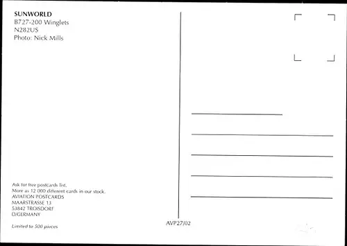 Ak Amerikanisches Passagierflugzeug, Sunworld, B727-200