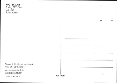 Ak Amerikanisches Passagierflugzeug, Hooters Air, Boeing B737-500