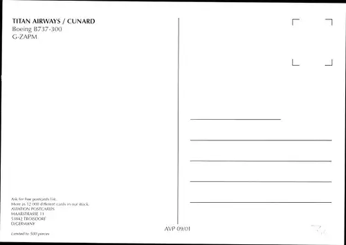 Ak Britisches Passagierflugzeug, Titan Airways Cunard, Boeing B737-300