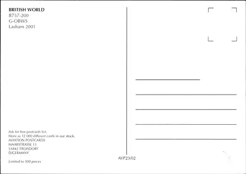 Ak Britisches Passagierflugzeug, British World, B757-200