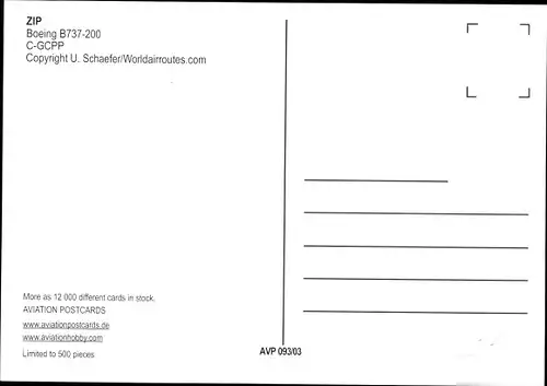 Ak Kanadisches Passagierflugzeug, ZIP, Boeing B737-200