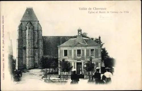 Ak Cernay la Ville Yvelines, vue générale de l'Eglise et Mairie