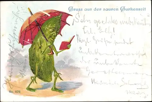 Ak Gruß aus der sauren Gurkenzeit, vermenschlichte Gurke mit Regenschirm