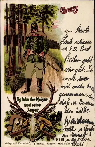 Litho Es lebe der Kaiser und seine Jäger, deutscher Soldat in Uniform