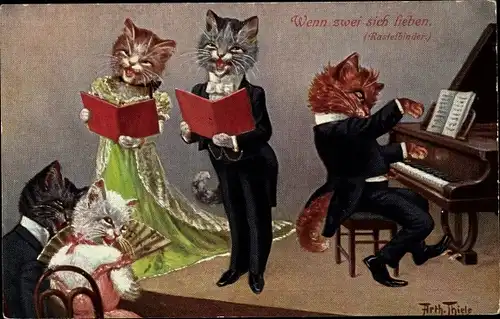 Künstler Ak Thiele, Arthur, Vermenschlichte Hauskatzen machen Musik, Klavier