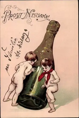 Präge Ak Glückwunsch Neujahr, Sektflasche, Kinder