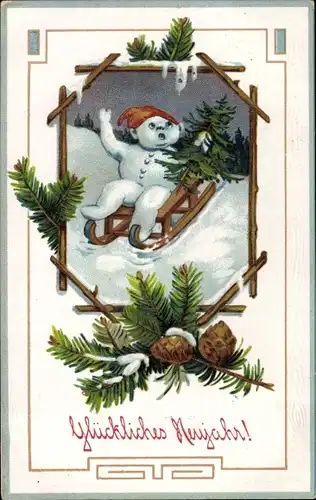 Ak Glückwunsch Neujahr, Schneemann mit Tannenbaum auf einem Schlitten