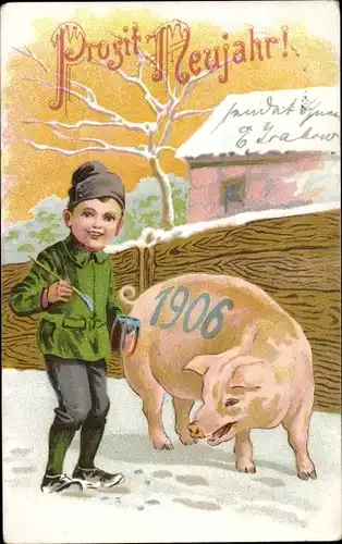 Ak Glückwunsch, Neujahr, Kind malt Jahreszahl 1906 auf Schwein
