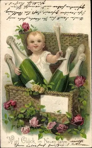 Ak Glückwunsch Neujahr, Kleinkind mit Sektflaschen in einem Korb, Rosen