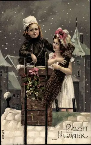 Ak Glückwunsch Neujahr, Schornsteinfeger und Mädchen auf einem Dach, Mistelzweige