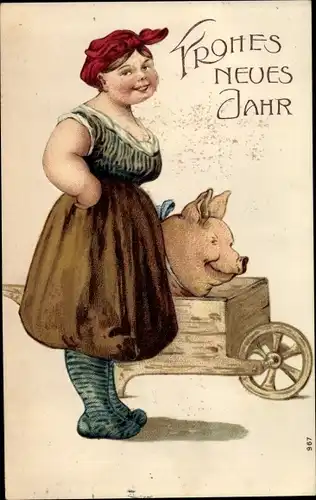 Ak Glückwunsch Neujahr, Frau mit Schwein im Handkarren