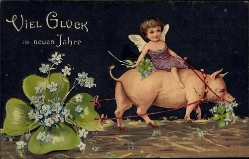 Präge Ak Glückwunsch Neujahr, Engel reitet auf einem Schwein, Kleeblätter, Vergissmeinnicht