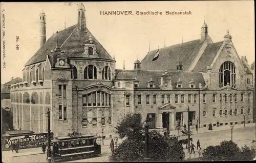 Ak Hannover, Städtische Badeanstalt, Straßenbahn