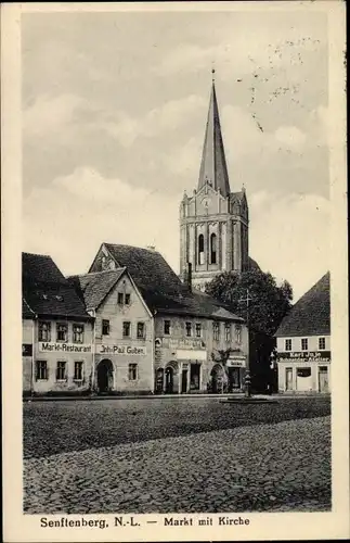 Ak Senftenberg in der Niederlausitz, Markt mit Kirche, Restaurant Paul Guten, Schneider Atelier