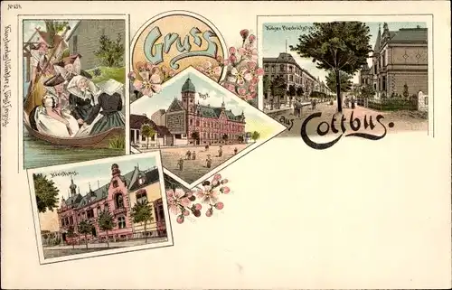 Litho Cottbus in der Niederlausitz, Kaiser Friedrich Straße, Post, Kreishaus, Frauen in Trachten