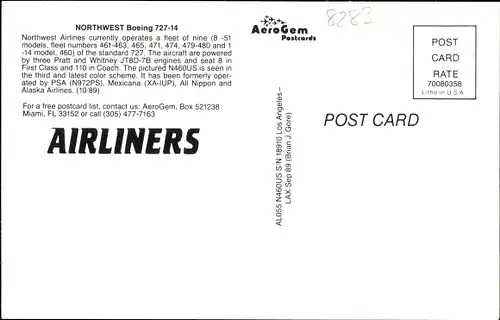 Ak Amerikanisches Passagierflugzeug, Northwest, Boeing 727-14, N460US