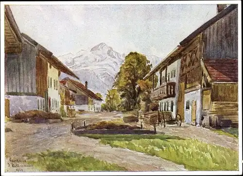 Künstler Ak Hellmann, J., Farchant Oberbayern, Dorfstraße mit Alpspitze