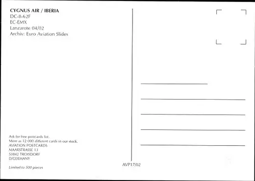 Ak Spanisches Passagierflugzeug, Cygnus Air/Iberia, DC-8-62F