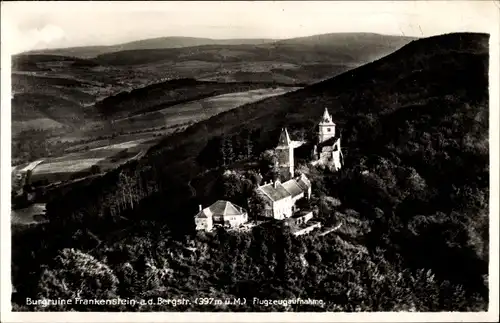 Ak Nieder Beerbach Mühltal im Vorderen Odenwald Hessen, Ruine Frankenstein, Fliegeraufnahme