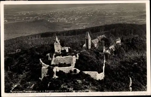 Ak Nieder Beerbach Mühltal im Vorderen Odenwald Hessen, Ruine Frankenstein, Fliegeraufnahme