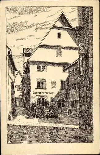 Künstler Ak Rothenburg ob der Tauber Mittelfranken, Gasthof Rother Hahn