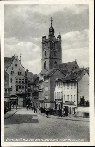 Ak Darmstadt in Hessen, Stadtkirchturm, Pädagogenstraße