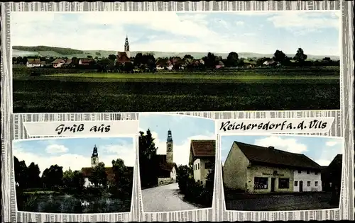 Ak Reichersdorf Vilsheim Niederbayern, Teilansicht vom Ort, Kirche, Bäckerei W. Obermeier