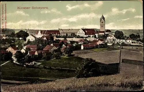 Ak Scheyern in Oberbayern, Blick auf den Ort und das Kloster, Felder