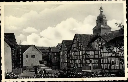 Ak Bebra an der Fulda in Hessen, Partie an der Kirche, Fachwerkhäuser, Bahnhofsgaststätte