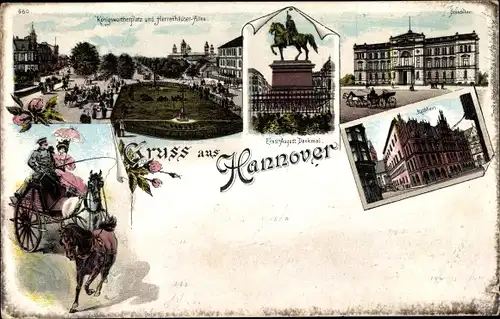 Litho Hannover in Niedersachsen, Königswortherplatz, Herrenhäuser Allee, Rathaus, Ernst Aug. Denkmal