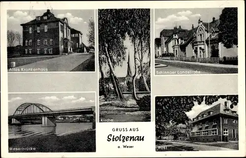 Ak Stolzenau an der Weser, Kreiskrankenhaus, Kirche, Post, Schinnaer Landstraße, Weserbrücke