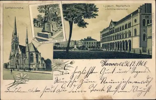 Litho Hannover in Niedersachsen, Gartenkirche, Lyceum, Realschule, Schillerdenkmal