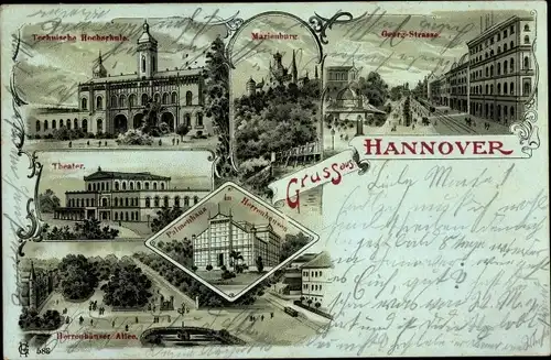 Mondschein Litho Hannover in Niedersachsen, Technische Hochschule, Marienburg, Georgstraße, Theater