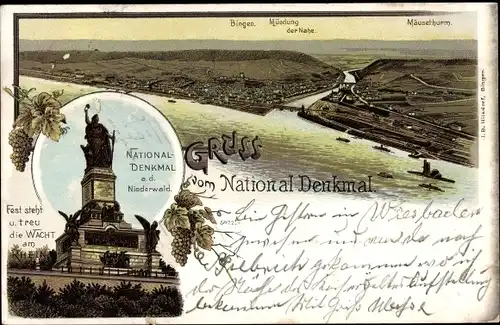 Litho Bingen am Rhein, Nationaldenkmal a. d. Niederwald, Nahe Mündung, Mäuseturm