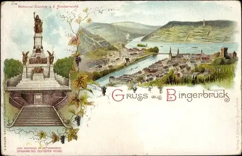 Litho Bingerbrück Bingen am Rhein, Nationaldenkmal auf dem Niederwald, Panoramablick ins Rheintal