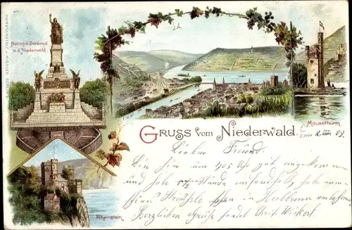 Litho Bingen am Rhein, Nationaldenkmal auf dem Niederwald, Rheinstein, Mäuseturm