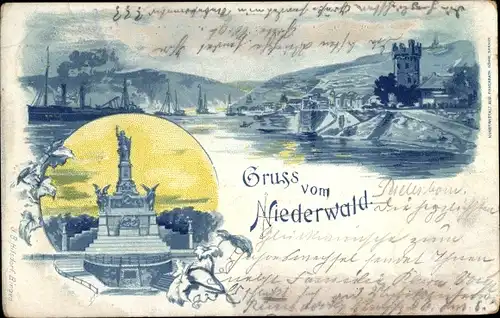 Litho Bingen am Rhein, Nationaldenkmal auf dem Niederwald, Turm, Schiffe