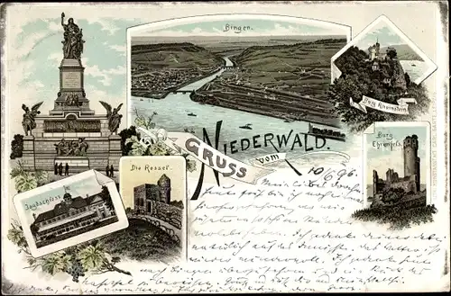 Litho Rüdesheim am Rhein in Hessen, Burg Rheinstein, Rossel, Niederwalddenkmal